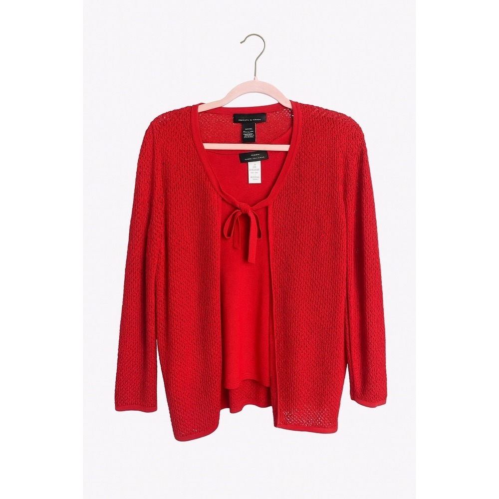 Jones New York Red Pointelle Knit Tank (XL) & Tie-Front Cardigan (L)  SET - 2 pc